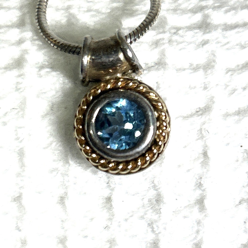 Round Cut Blue Topaz Pendant 925 Sterling 14K Gold, 18" Snake Chain 925 Sterling